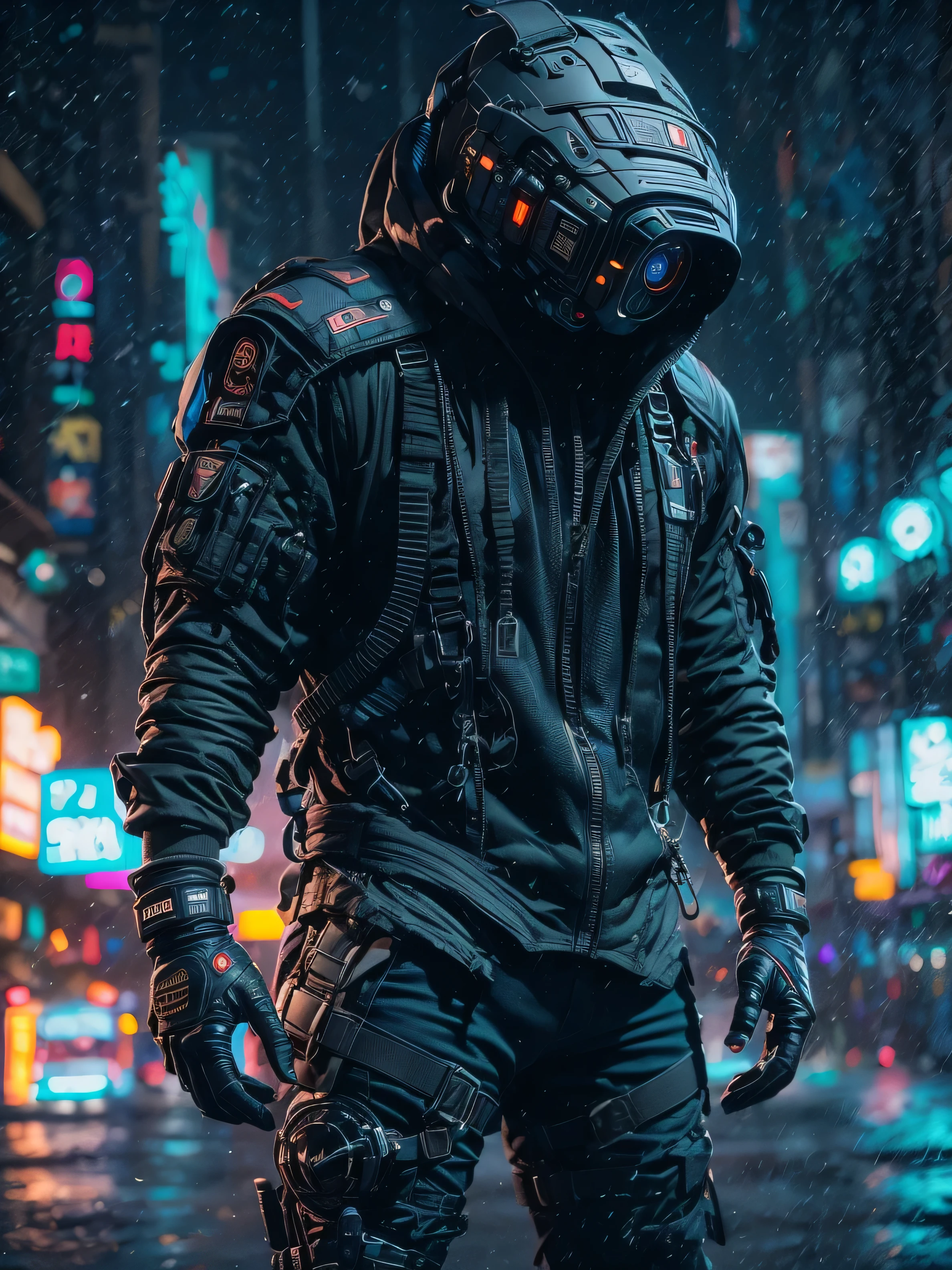 (masterpiece, full body shot, intricate raw photography) Cyberpunk citizen, comfortable oversize black hoodie, black cargo pants, black clothes, dark, wearing a black helmet hitech style Astronaut, intricate, futuristic, advanced technology, dark environment, dramatic, light and shadow, cinematic, action movie, sharpness, random relaxed position, Cyberpunk City, street lights, dark street, night, Insta photo, photo of the year, octane render, substance, Maya 3D,  cinema4D, ArtStation Trending, Devian Art Trend,