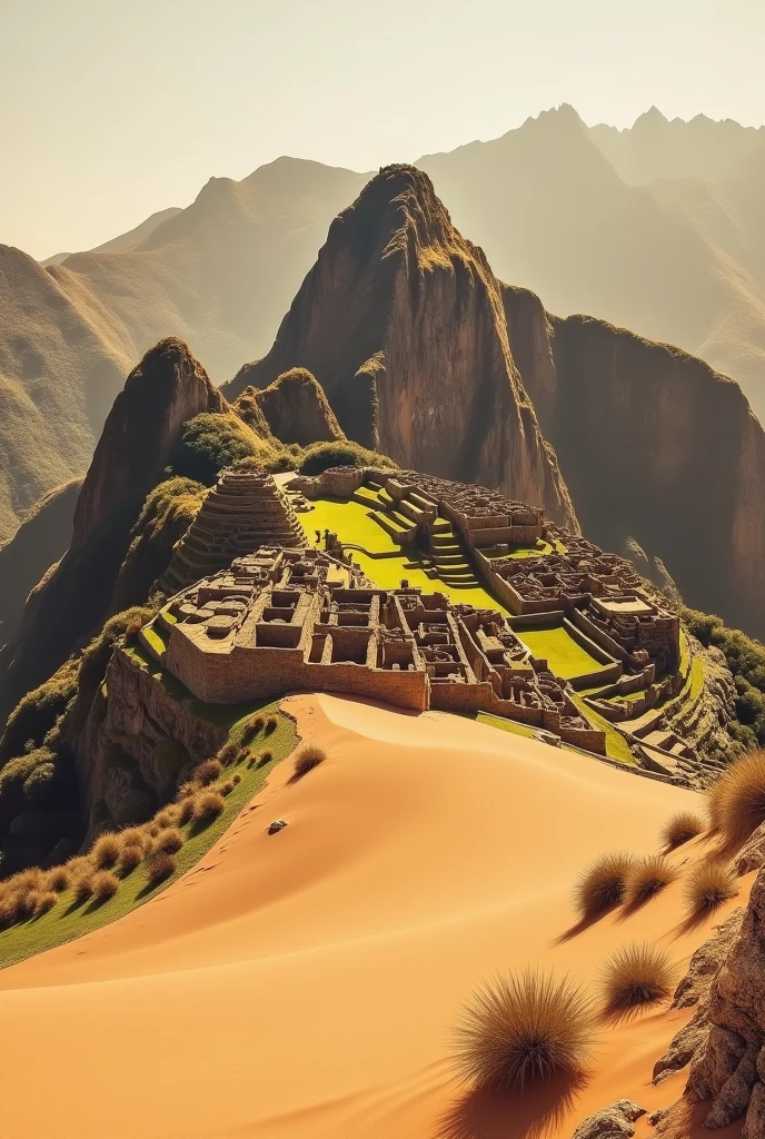 Visualize Machu Picchu as a desert but do it on the real photo