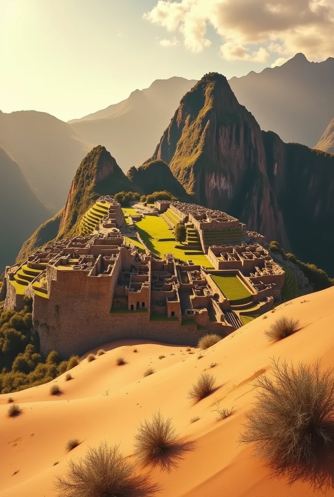 Visualize Machu Picchu as a desert but do it on the real photo