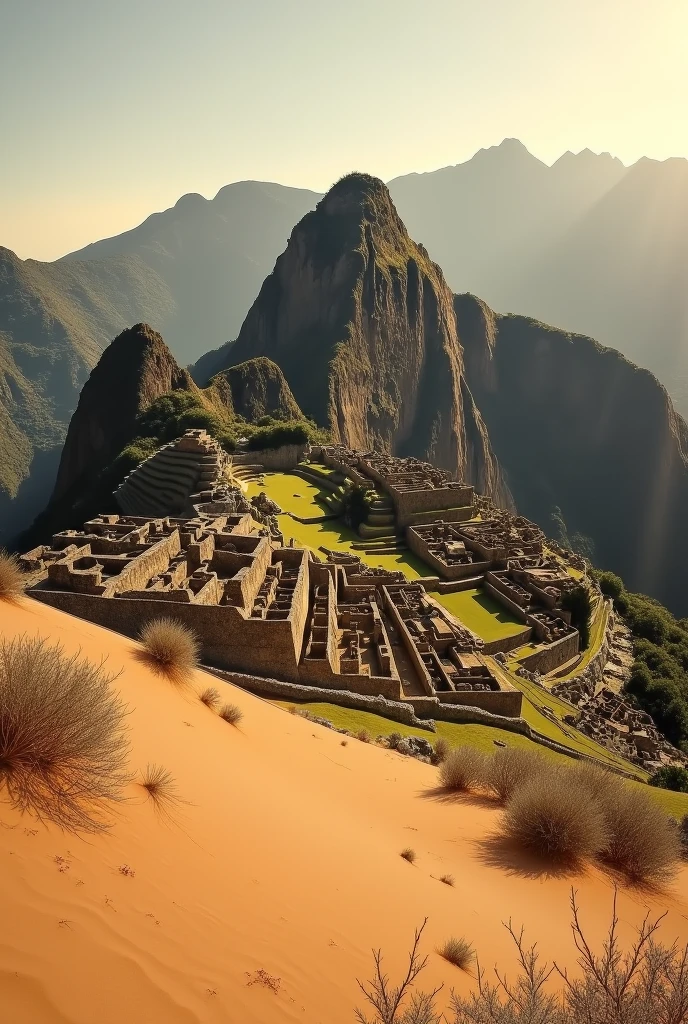 Visualize Machu Picchu as a desert but do it on the real photo