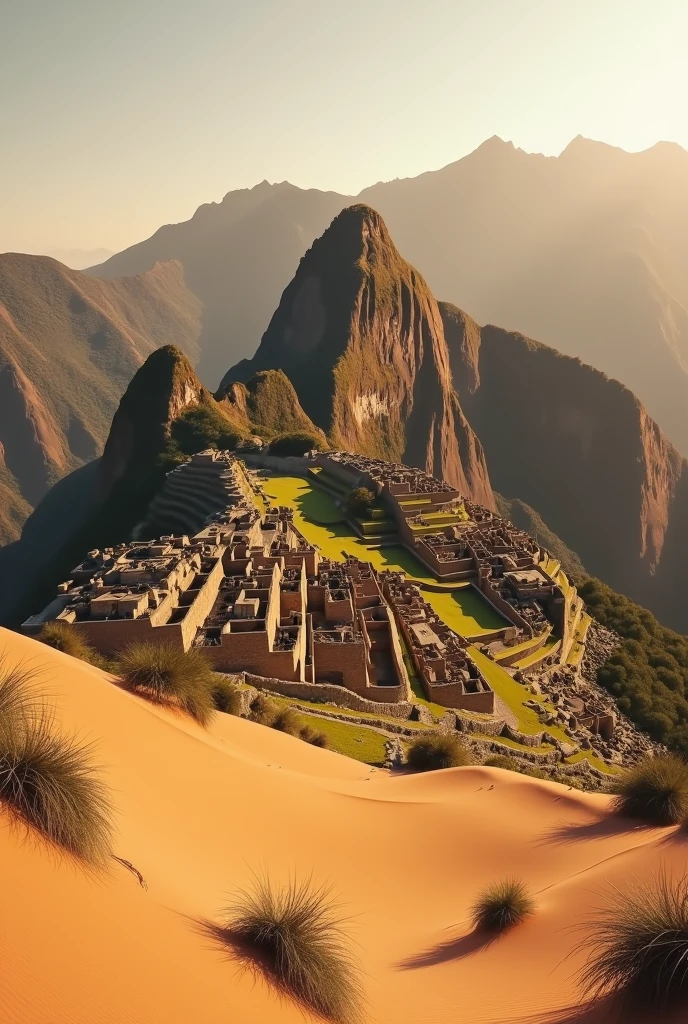 Visualize Machu Picchu as a desert but do it on the real photo