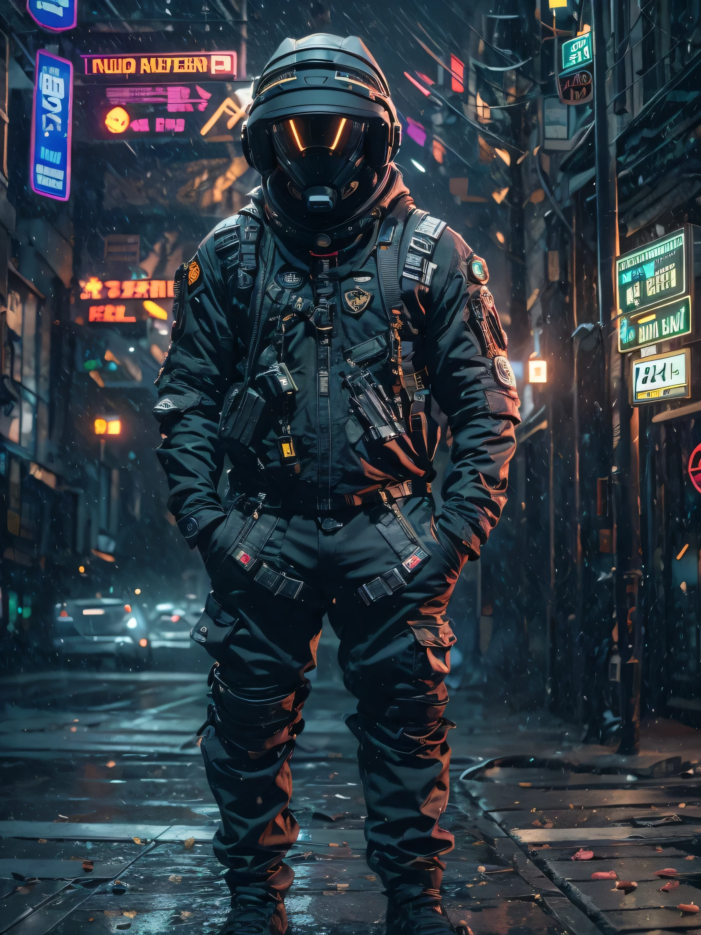 (masterpiece, full body shot, intricate raw photography) Cyberpunk citizen, comfortable oversize black hoodie, black cargo pants, black clothes, dark, wearing a black helmet hitech style Astronaut, intricate, futuristic, advanced technology, dark environment, dramatic, light and shadow, cinematic, action movie, sharpness, random relaxed position, Cyberpunk City, street lights, dark street, night, Insta photo, photo of the year, octane render, substance, Maya 3D, cinema4D, ArtStation Trending, Devian Art Trend,