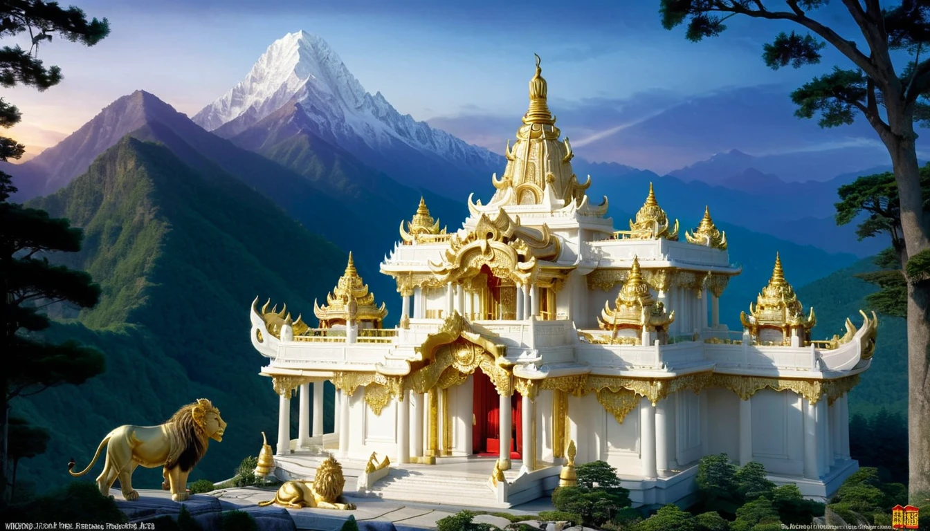 Imagine a majestic, MYSTIC, 2-STORY, MOUNTAIN-TOP temple, IVORY WHITE AND GOLD, with intricate architecture, set in a natural setting of mountains and forests. The temple could have golden, shimmering elements, emanating a mystical aura, with soft, ethereal light surrounding it. The sky could be a BLUE twilight tone. In front of the temple, an imposing lion could be sitting or standing, with a noble posture and piercing gaze, symbolizing strength and protection. The lion could be realistic, but with a touch of fantasy, perhaps with glowing eyes or gold details in its mane. This contrast between the transcendent temple and the powerful lion should create a visually appealing and symbolic image.