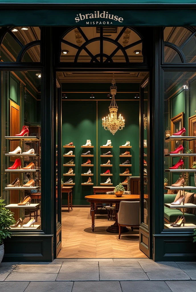 a very pretty shoe store in dark green tones
