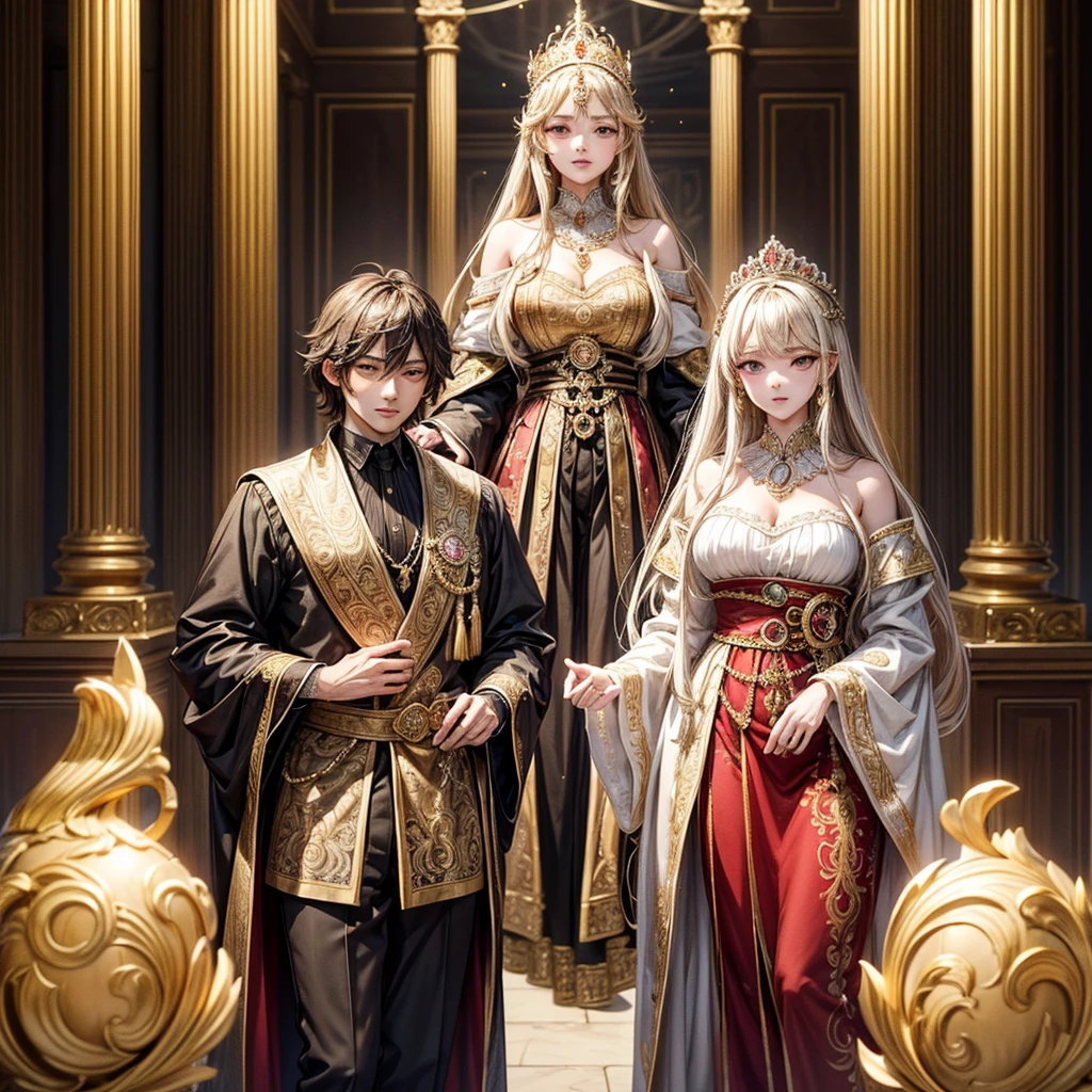 NSFW, ((masterpiece, best quality, extremely detailed, absurdres)), Create a high-resolution, highly detailed anime-style illustration that captures the grandeur and elegance of a medieval Western royal family. The illustration should feature a king, queen, and princess, each radiating an aura of nobility and power. The royal family is depicted in a luxurious setting, surrounded by opulent decorations and ornate elements that emphasize their status. The king stands tall, exuding authority and wisdom; the queen, graceful and composed, reflects regality; and the princess, youthful yet poised, symbolizes hope for the future. The subjects are dressed in richly detailed royal attire, with intricate patterns and designs that showcase their wealth and influence. The overall composition should evoke a sense of awe and respect from those who view it, as if the family is a beacon of leadership and power. The lighting is soft yet dramatic, enhancing the textures and depth of the characters and their surroundings. The background is an elaborate palace interior with grand pillars, velvet drapes, and majestic chandeliers. The illustration should maintain a balance between realism and the softness typical of anime art, ensuring that every detail, from the characters' facial expressions to the smallest elements in the background, contributes to the overall impact of the piece. --royal family, --Noble Princesses, --sexy, --??????