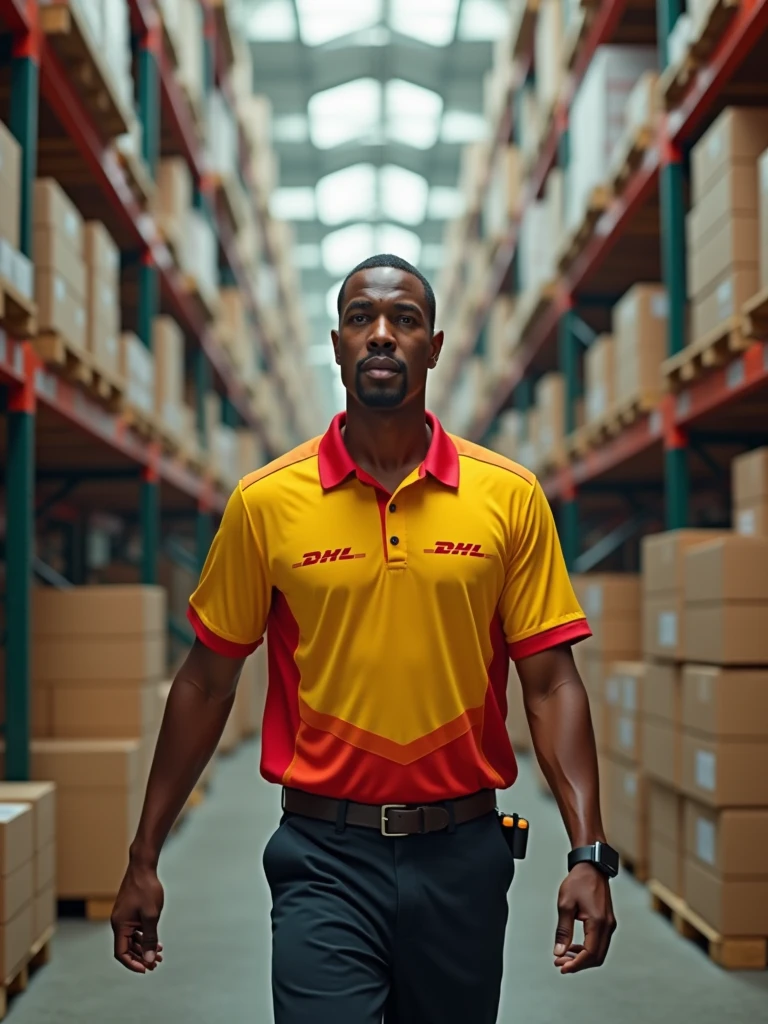 This moderately thin man of average height wearing a DHL company shirt in a logistics warehouse