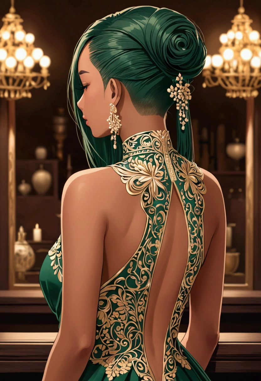 Tan skin Girl Back view
dark green long hair with sideshave undercut