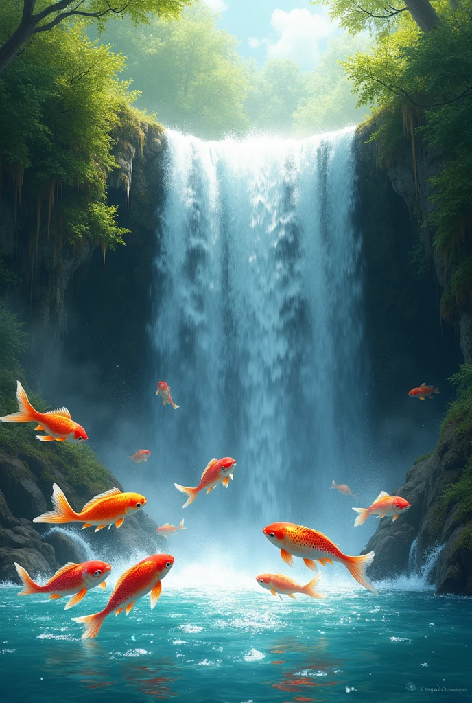 Fish playing in waterfall