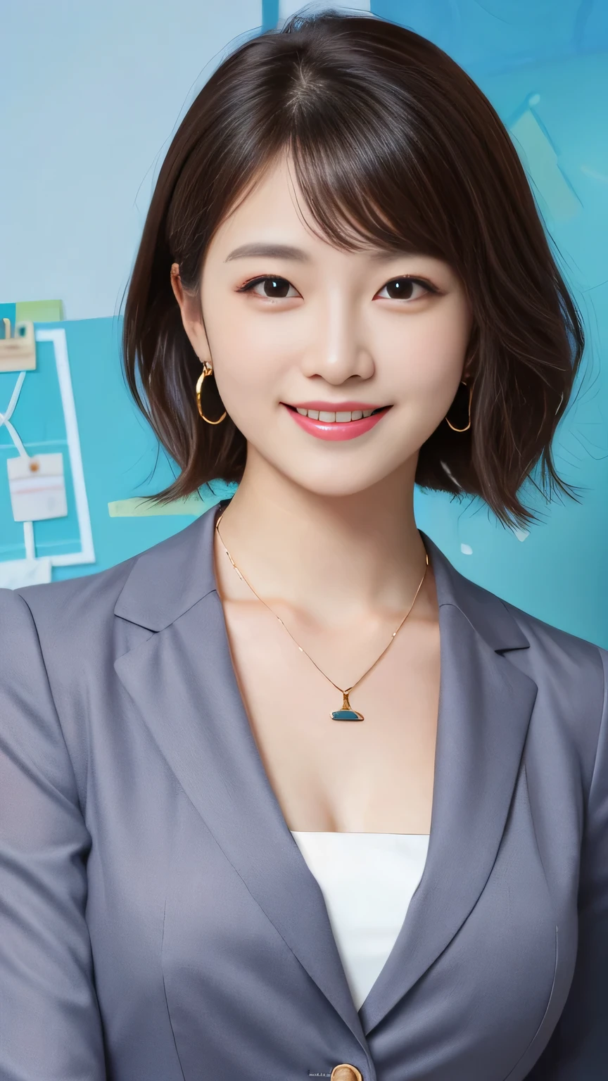 RAW Photos, High resolution, Very detailed, Intricate details, 、ear piercing、smile、short hair、Black Hair、Open your mouth a little、Clear beauty,(High quality fabric, Office Lady Suits 、Necklace around the neck、, The background is the office