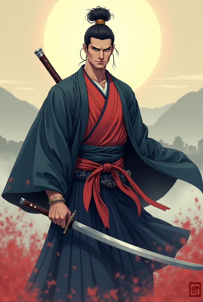 Wearing hakama from the waist up、Create a handsome samurai in anime style