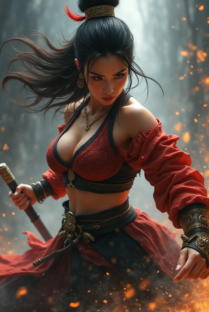 beautiful japanese woman with big breasts in revealing short samurai costume, fighting pose, confident look, battlefield, strong wind, heavy rain, thunderstorm