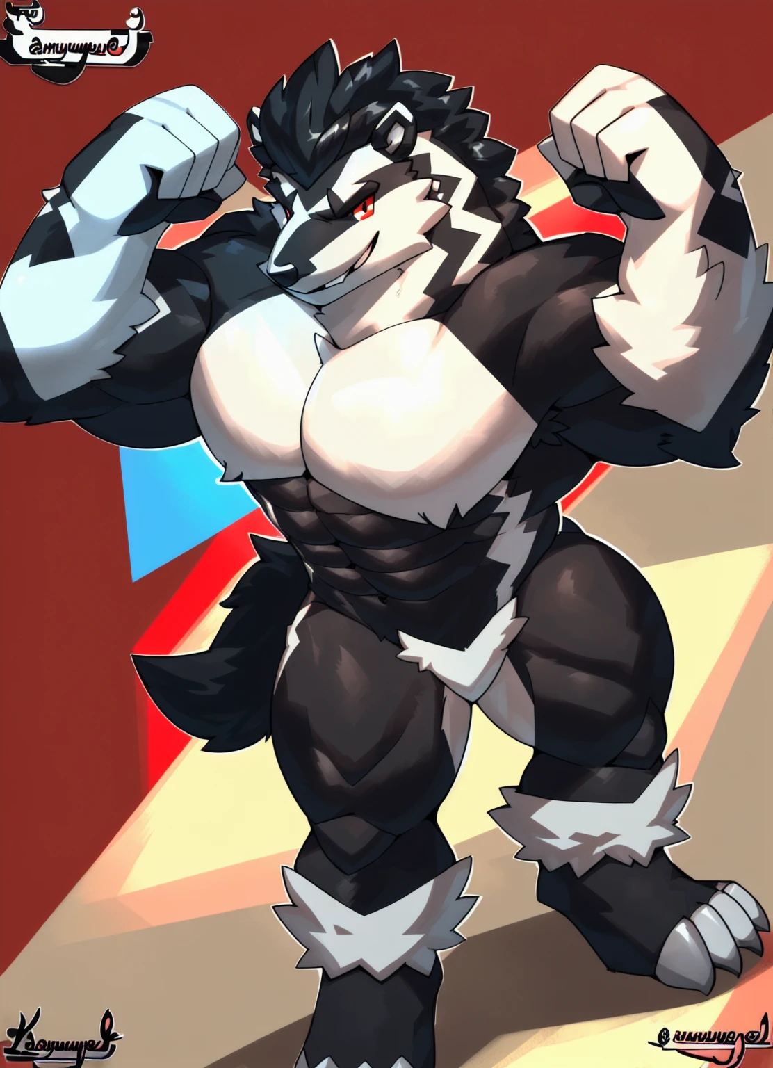 obstagoon, full body,score_9, score_8_up, score_7_up, score_6_up, score_5_up, score_4_up,((obstagoon(pokemon),male furry)), red eyes, (pose:1.3), (posing:1.3), (soft shading), 4k, hi res, five fingers, detailed hands, ((detailed face, (detailed eyes:1.3), detailed)), (((full body))),show legs,show feet,(by kamyuelo:1.6), solo, looking at viewer, 1boy, standing, male focus,((topless,bottomless)), abs, biceps, flexing, smile,