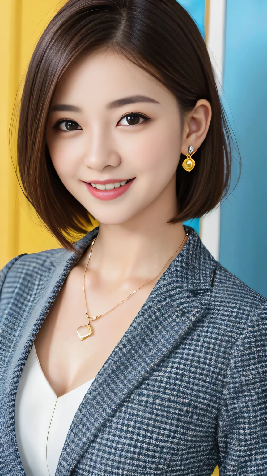 RAW Photos, High resolution, Very detailed, Intricate details, 、ear piercing、smile、short hair、Black Hair、Open your mouth a little、Clear beauty,(High quality fabric, Office Lady Suits 、Necklace around the neck、, The background is the office