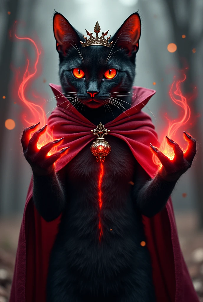 "Scarlet Whisker" - A mysterious, sleek, black cat with deep red fur streaks, wearing a dark red cloak and a tiara similar to Scarlet Witch. The cat’s eyes are glowing with mystical energy, and it’s casting a spell with swirling red energy around its paws.