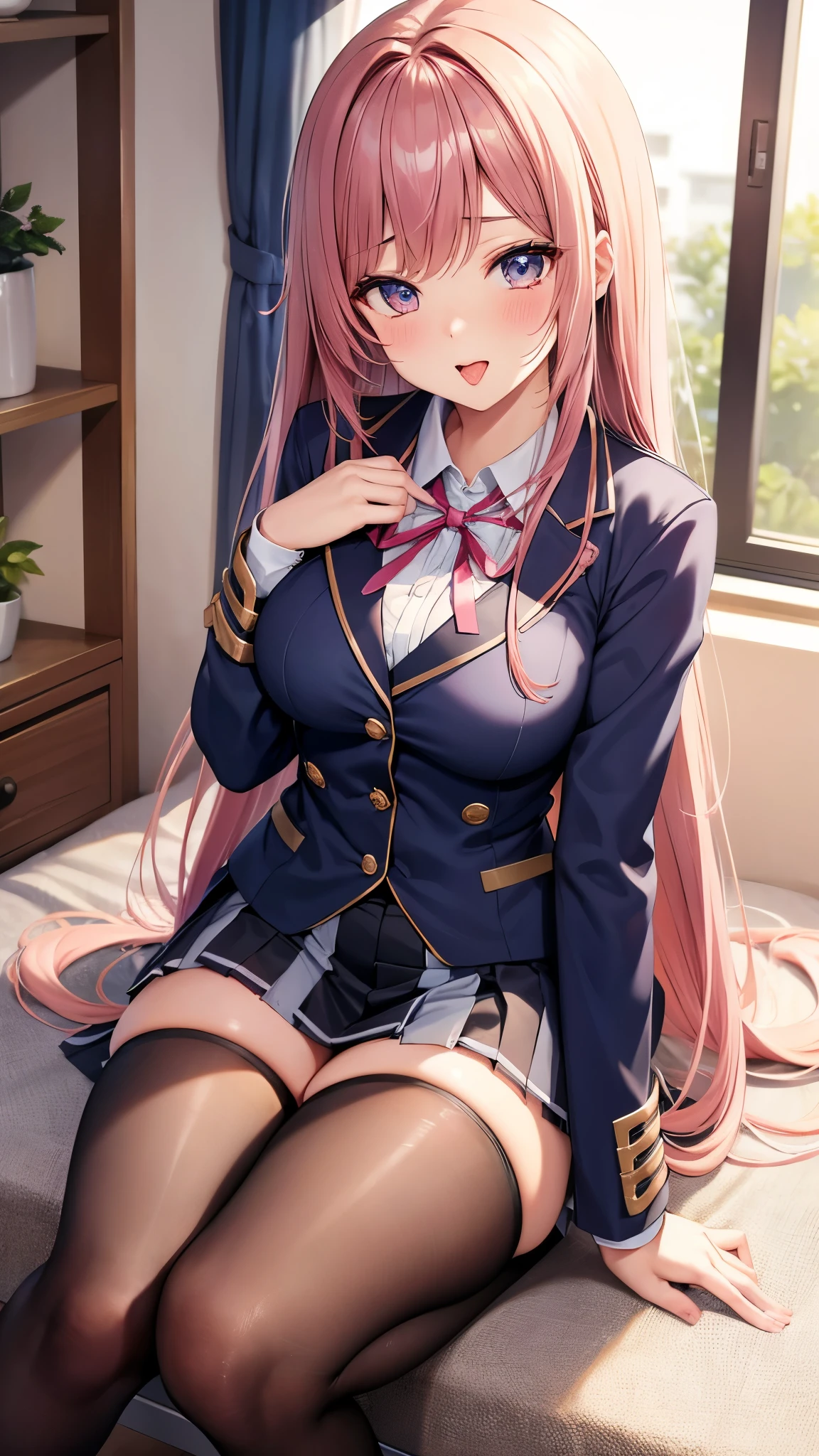 High resolution, masterpiece, Highest quality, Very detailed, Textured skin, Long Hair, Blushing, Large Breasts, school uniform、high school student、Navy blue blazer、mini skirt、shirt、ribbon、Tight fitting clothes、Knee-length socks、Shopping Centre、Long Hair, Pink Hair, squat、Thin legs、Beautiful feet、sexy、Embarrassing、Open your mouth、Sticking out tongue