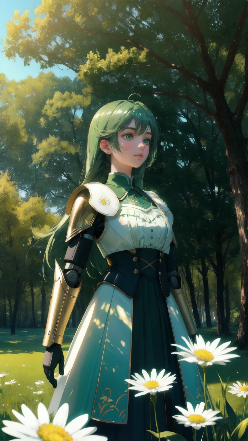 A hyper-realistic 3D render of a lush green park. In the foreground, an anime-style girl with a spherical, metallic gold head and large, worried eyes stands on a golden platform. Her robot-like body is shiny and covered in a grid pattern, reflecting blue light. She's holding an oversized, detailed sandwich and appears distressed.
The background features vibrant green grass, trees with detailed foliage, and a wooden picnic table in the distance. The sky is a clear, bright blue. Dramatic lens flares and light bursts fill the scene, with a large, star-shaped light source in the upper left corner.
Golden rays and sparkles emanate from the girl's body and surroundings. The lighting is intense and magical, creating a surreal atmosphere against the natural green setting.
In the immediate foreground, a white daisy and other small plants are visible in the detailed grass. The image blends technology and nature, with the robotic anime girl contrasting yet somehow belonging in the serene green park.
The overall effect is whimsical and slightly unsettling, combining realism with fantastical elements in a predominantly green environment.