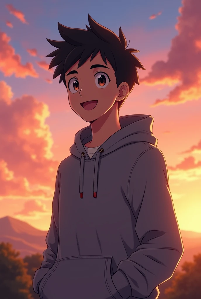 Can you create an image of a handsome anime boy wearing a nice hoodie with a cute smile and no shyness in his face, standing in front of a beautiful sunset background saying hi
