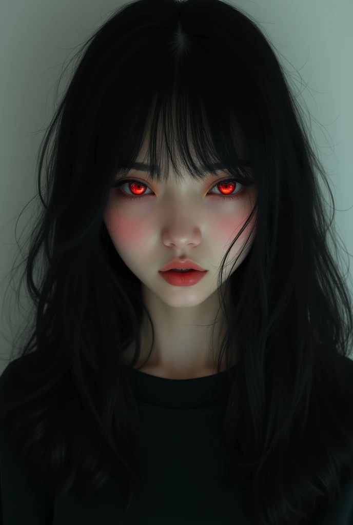 Beautiful woman with long black hair with full bangs on her forehead, her eyes have red irises: tenue: Black sweatshirt