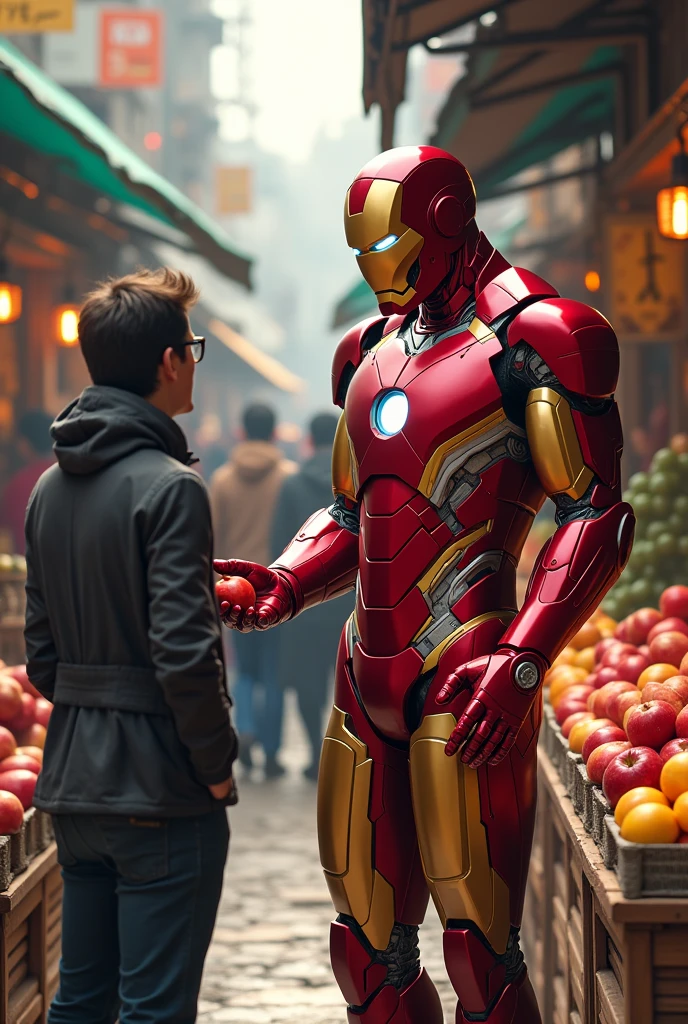 Ironman asking a customer to buy apple on street fruits market