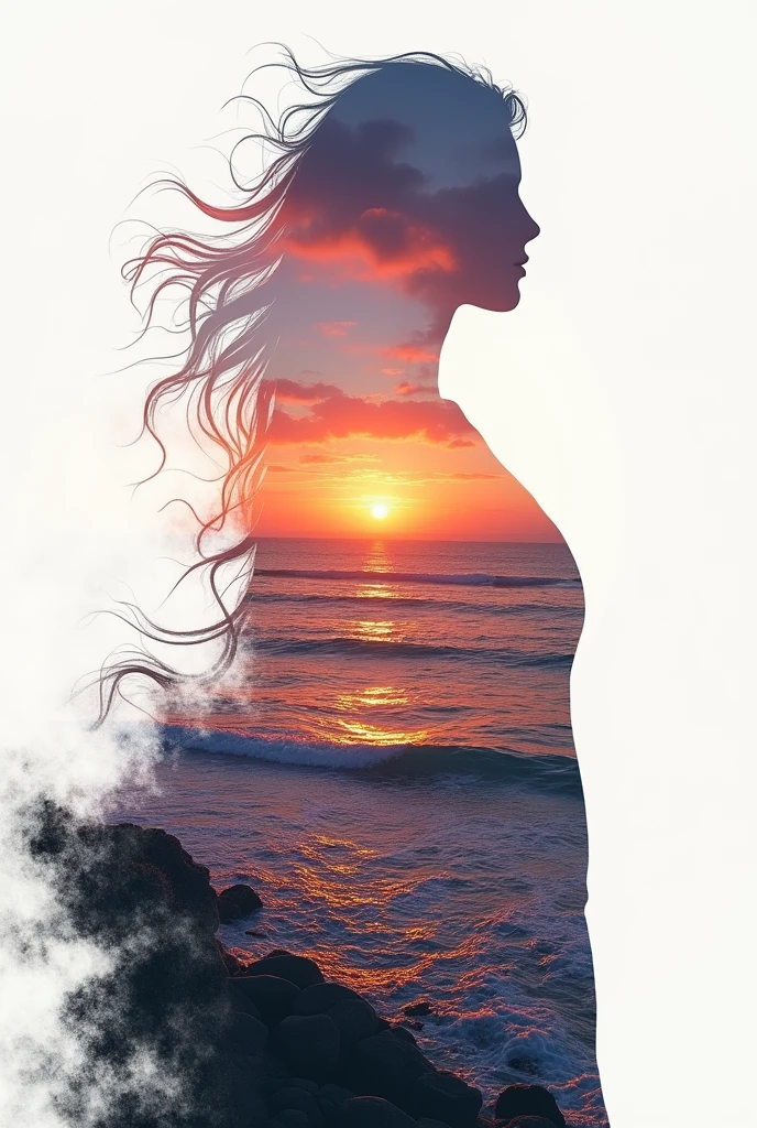 high quality, 8K Ultra HD, A beautiful double exposure that combines an goddess silhouette with sunset coast, sunset coast should serve as the underlying backdrop, with its details incorporated into the goddess , crisp lines, The background is monochrome, sharp focus, double exposure, by yukisakura, awesome full color,