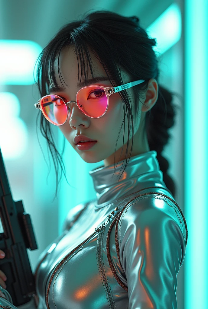 a beautiful young woman is wearing metal for the futurist, cyberpunk, futuristic technology, and girls holding weapons in dazzling colors, wearing science fiction glasses, in the style of yuumei, light turquoise and light silver, waist shot, 8k resolution, joong keun lee, tanya shatseva, light acade