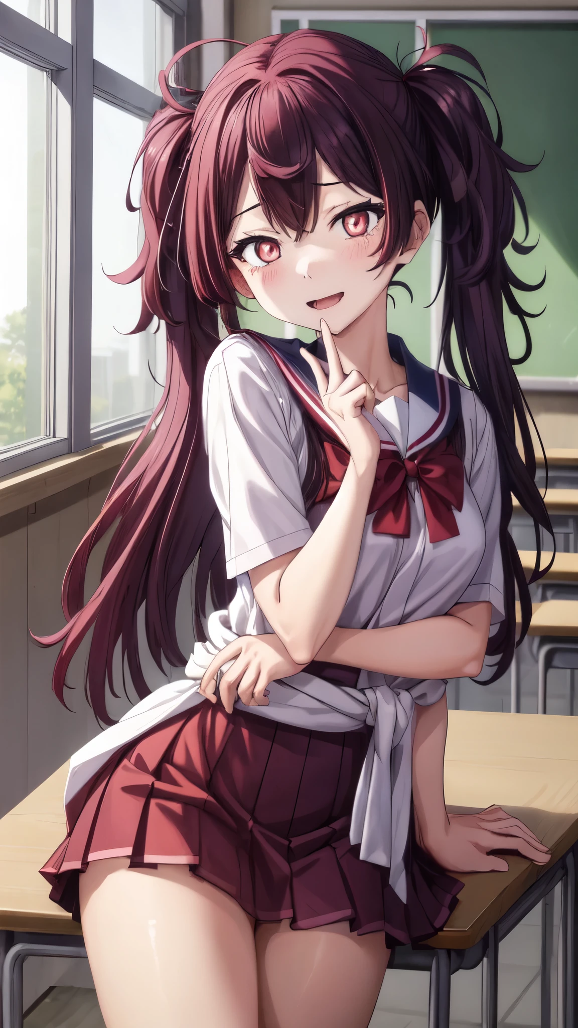 School,classroom,A Japanese girl,Mid-chest,Double drill curls for long hair,  Red student uniform,Short skirt,Bright Eyes,Lively expression,One finger is worth you,One hand on waist