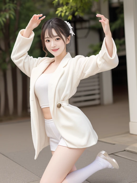 A woman dancing the Awa Odori dance in realistic photo quality, Japanese Model,Traditional white Japanese happi coat, Cute playful pose of the dancer, looking at the camera、Detailed and beautiful eyes、Cute smile、A soft and gentle look、Wearing white socks、Thin legs