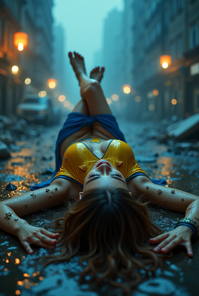 Super Heroine, Yellow and blue leotard, Movie poster style, Movie title: "Death of Leona", He is lying on his back after being defeated by a formidable opponent., Feeling exhausted, Tragic Tone, Decorated in dark and gloomy colors, Eyes closed, Wet, heavy rain, Destroyed city, inflammation, plasma, fluorescence, A shocking sight, Against the backdrop of darkness, Cinema Lighting, Anguished expression, Clothes are torn and breasts and nipples are visible, Spread your legs wide, Thighs, Beautiful feet, Cool hero belt 