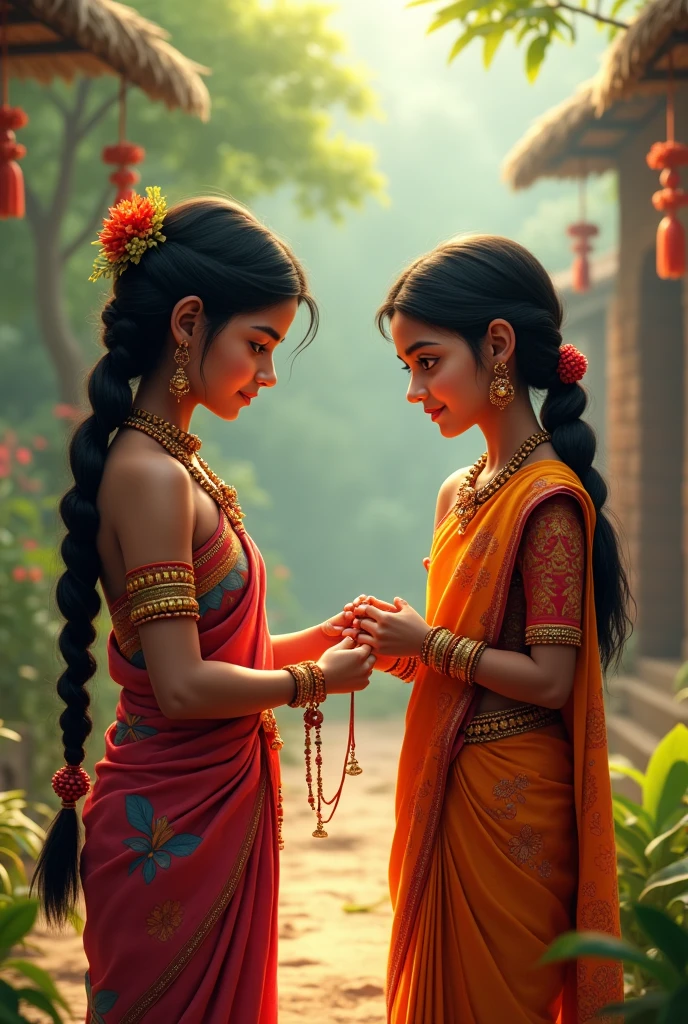 Tribal sister wearing sari giving raksha Bandhan to brother