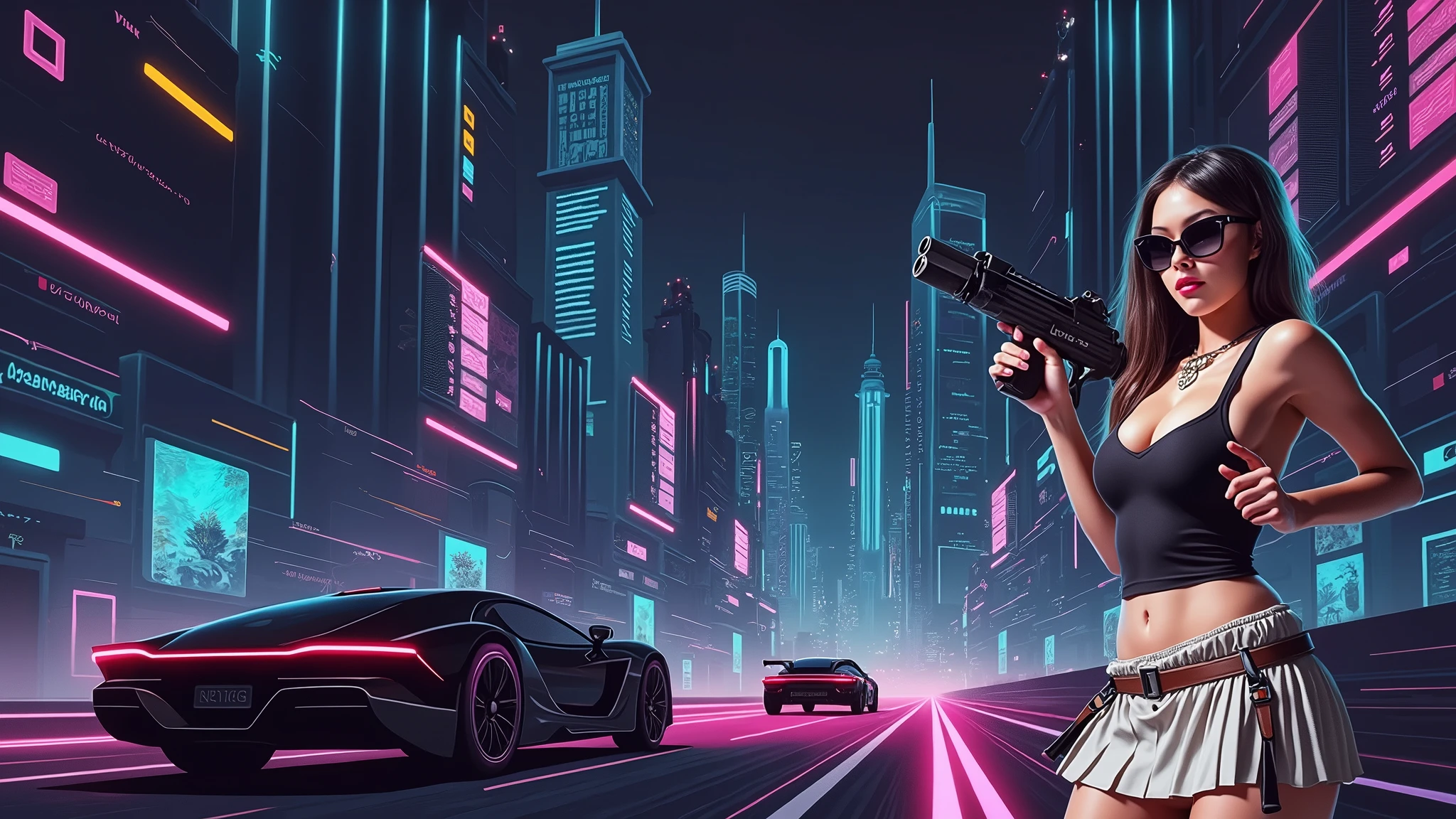 Futuristic cityscapes with colorful all-glass outlined towering skyscrapers with lightning, flying vehicle. High-resolution OLED GUI interfaces in the building, The windows are filled with transparent data visualization infographics that show it all, Egyptian fantasy arts, Egyptian statue, (Egyptian hieroglyphics). Colors are saturated and vibrant. At night, (1girl, solo, alone), photorealistic, large-breast slim:0.6 body, oval:0.5 face, cleavage:1.1, very low angle view of pleated miniskirt, deep-v, (upskirt), glove, (Matrix style black micro sunglasses), (aiming viewer with a short gun), dynamic running pose, (half-body thigh level close-up shot), cinematic lighting, ray tracing, motion blur background.