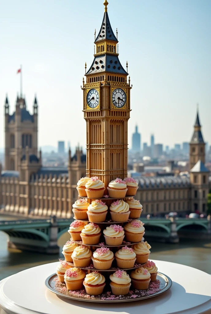 Imagine Big Ben as a tower of cupcakes, each one decorated with a clock face, all stacked on top of each other to form a tall, sweet version of this famous London landmark."