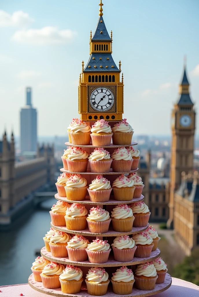 Imagine Big Ben as a tower of cupcakes, each one decorated with a clock face, all stacked on top of each other to form a tall, sweet version of this famous London landmark."