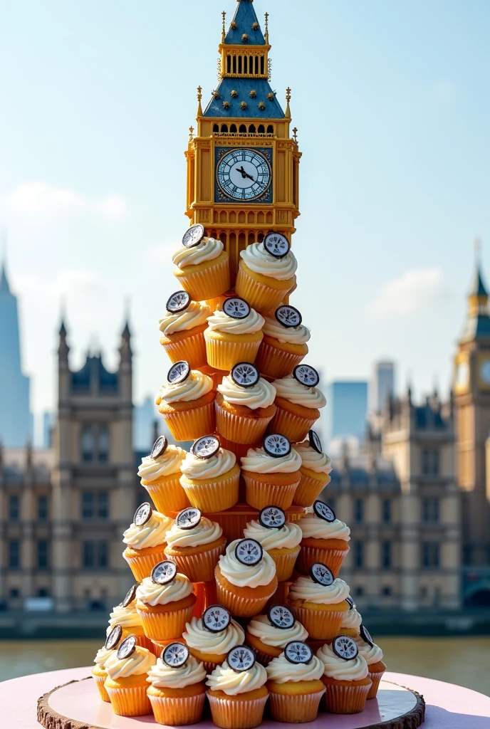 Imagine Big Ben as a tower of cupcakes, each one decorated with a clock face, all stacked on top of each other to form a tall, sweet version of this famous London landmark."