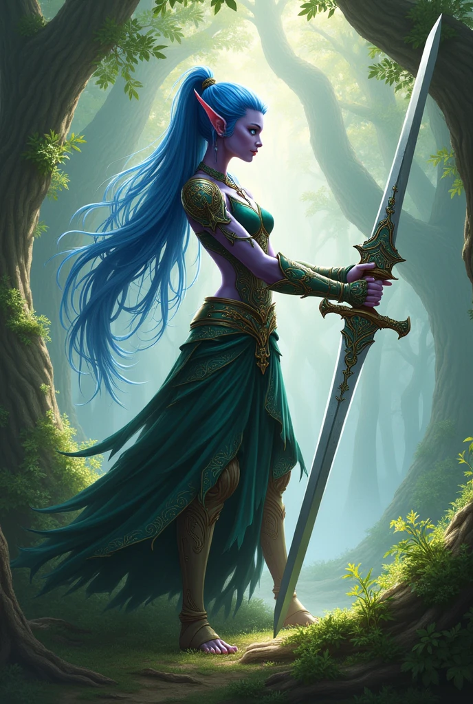 Wood Elf with purple skin, blue eyes, Blue hair ponytail, peuple skin and a greatsword