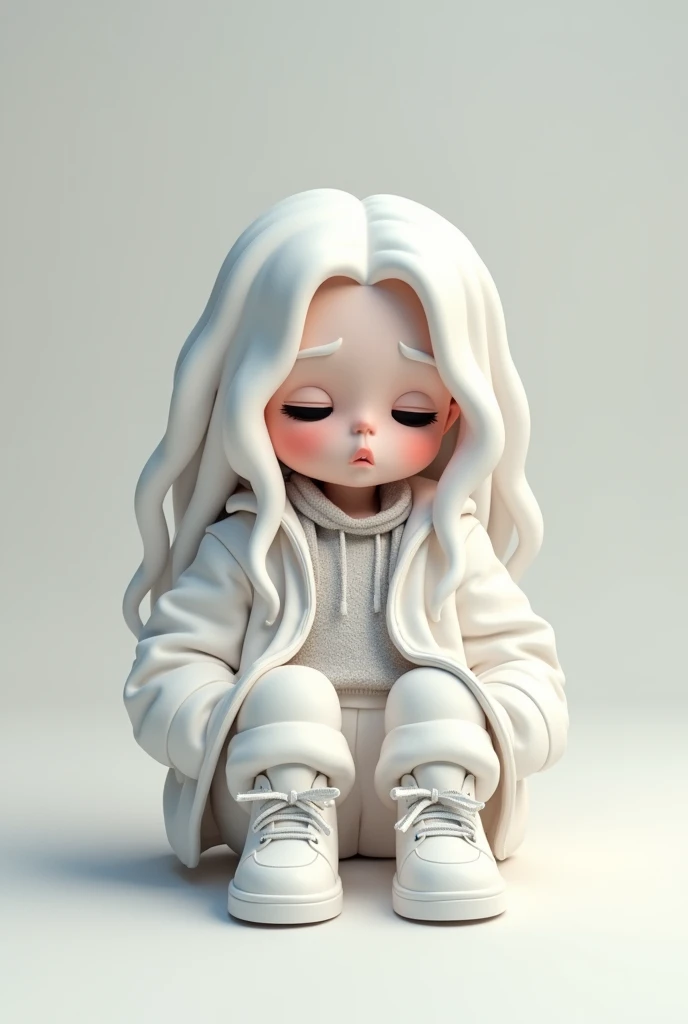 Oversized white streetwear(Long Parka)And wearing white sneakers、White long curly hair、Highly detailed 3D chibi characters、Cool and relaxed atmosphere、Characters、Sitting sulking。The overall style is、Cute、Modern、and、Stylish