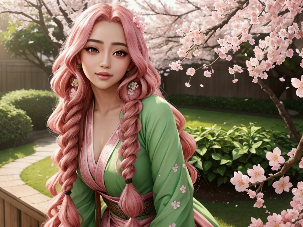 mitsuri kanroji, beautiful detailed eyes, beautiful detailed lips, extremely detailed face and hair, long curly pink hair, long wavy and braided hair of pink color and half down hair of green color, lush green garden, cherry blossom petals, soft lighting, warm color palette, masterpiece, 8k, high resolution, photorealistic, intricate details, digital art