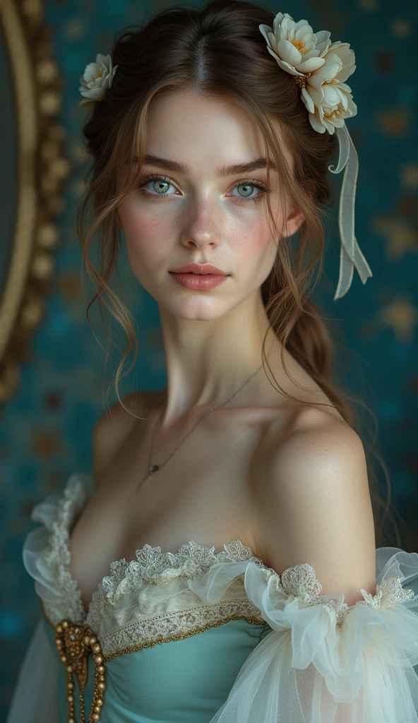 (High resolution,masterpiece:1.2),(Realistic:1.37)"(Highest quality, High resolution, Very detailed, Realistic),Portrait of a beautiful Ukrainian ballet dancer from the 19th century, whole body, (She is half Ukrainian and half Russian., She is a beautiful woman with pale blue eyes and a high nose.:1.1), Exquisite ballet costumes, Detailed facial features, Long and graceful neck, Flowing locks of hair, Calm and elegant posture, Soft and delicate lighting, Vibrant colors, Delicate background with star motif", Dreamy atmosphere, Surrealism,Mysterious Aura