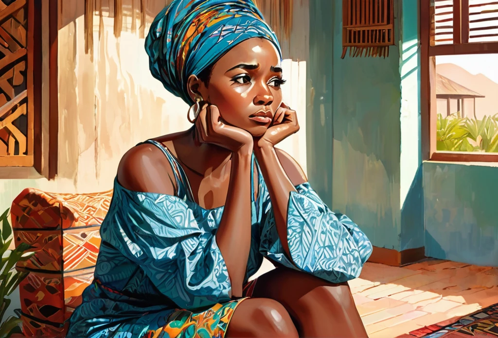 A woman looking worried, sitting down with her right hand on her chin, Indoor, modern house
African (masterpiece best quality:1.2) delicate illustration ultra-detailed, illustrations, bright, colourful,