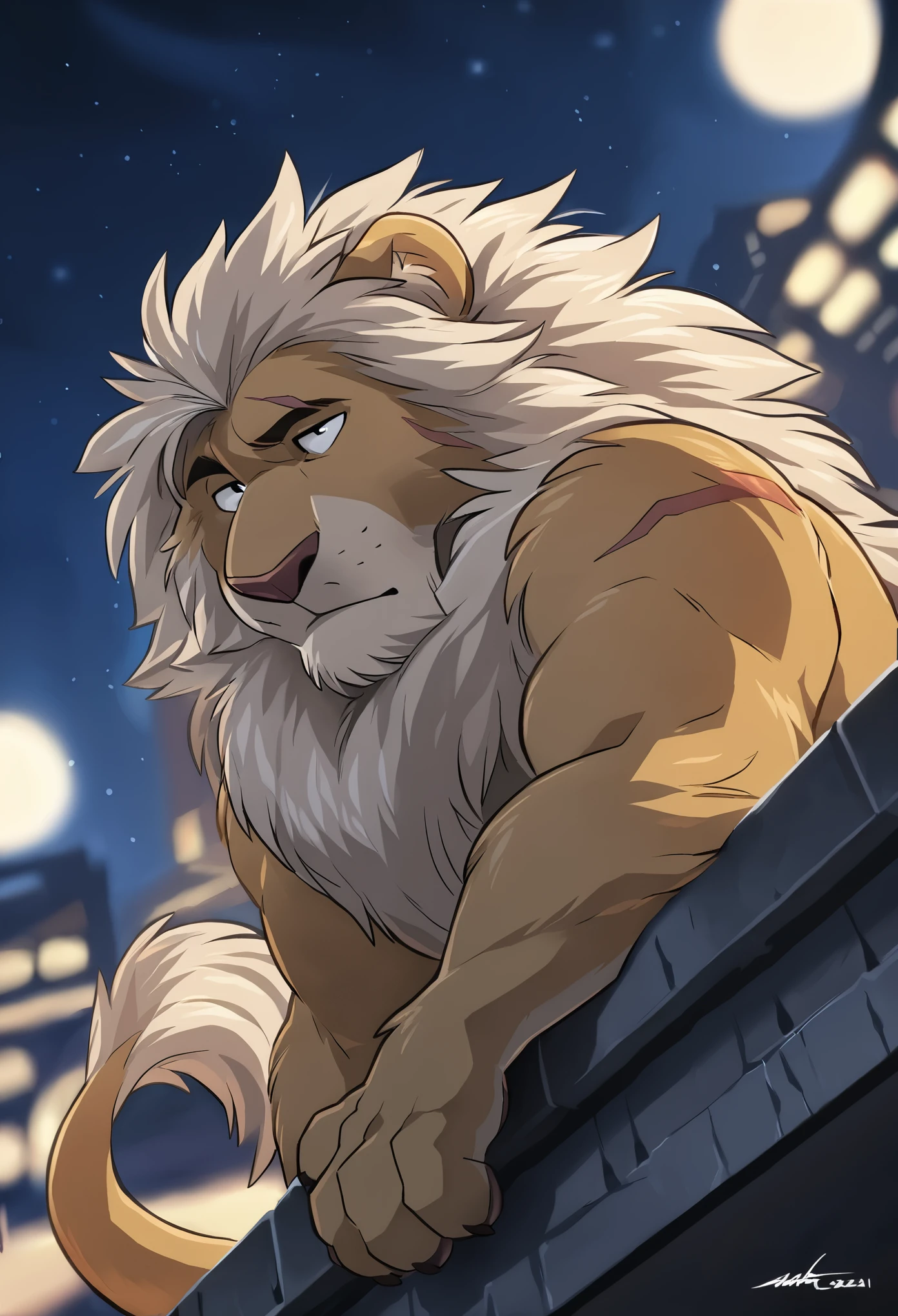 anime - style picture of an old lion man sitting on a ledge with a night city in the background, ultra detailed face, high details, old white anthro lion, named Vincent Frederick, ((white lion)) 4k,8k,high resolution, best quality, posted on e621, solo, anthro body, male, adult, masculine, correct anatomy, (out-of-focus background:1.2), (by takemoto arashi:1.0), (by wfa:1), (by Taran Fiddler:0.5),(by Bontiage), a commander, (cel shaded, cartoony shading:1.2), moody expression, thoughtful expression, sad expression, detailed face, good eyes, anime eyes, normal eyes, normal hands, black lineart, black outline, flat coloring, (strong shadows, dark shadows:1.2), cloudy night, superior mane, a scar on left eye, first person perspective,  detailed portrait, correct anatomy, best quality, 4k, 8k, highres, masterpiece:1.2, ultra-detailed, anime, HDR, UHD, ultra-fine painting, sharp focus, physically-based rendering, extreme detail description, professional, vivid colors, bokeh.