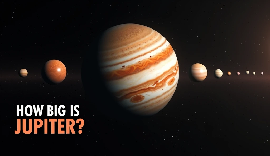 Create a horizontal 16:9 size YouTube video thumbnail on Jupiter: The largest planet in our solar system. The image should be picture of Jupiter surrounded by small planets and the text should be How big is Jupiter in bold text