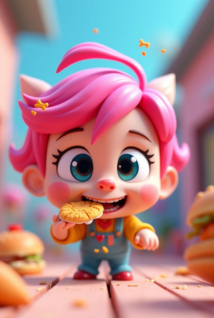 The same pink haired girl cartoon shows a 3D eating gesture.