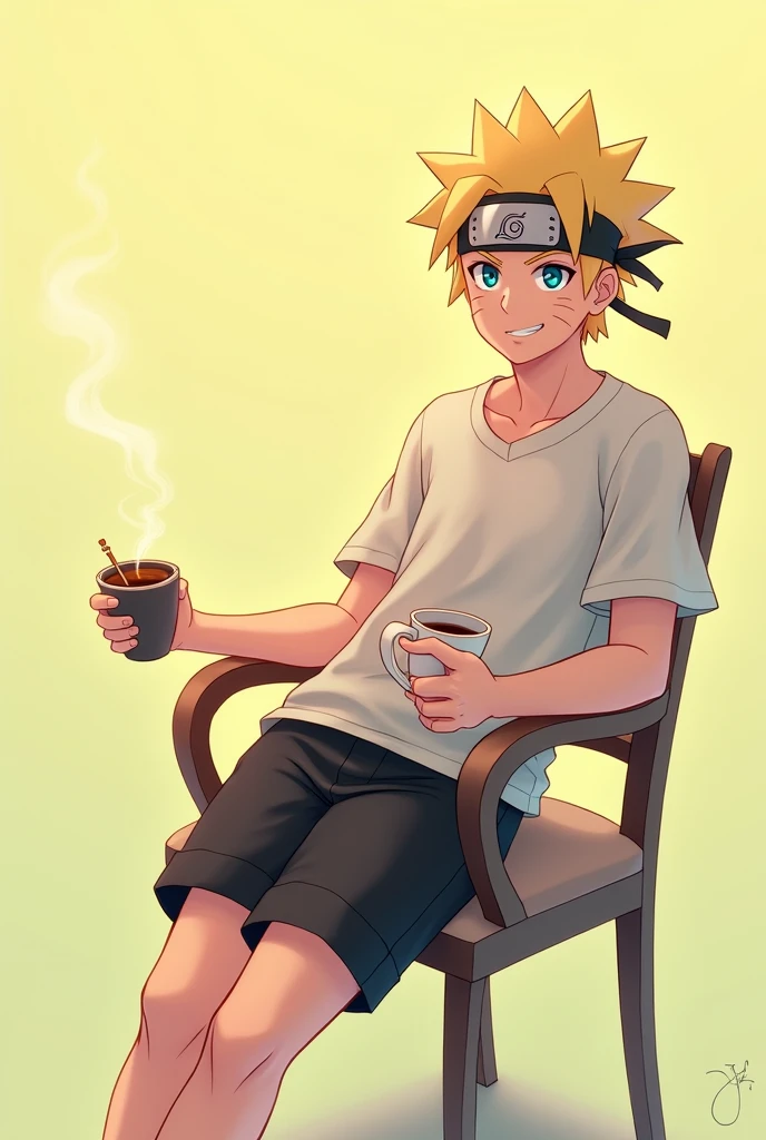 create an image of naruto leaning on a chair, wearing black shorts, holding a coffee in one hand and smoking a cigarette in the other with a smile, pastel yellow background