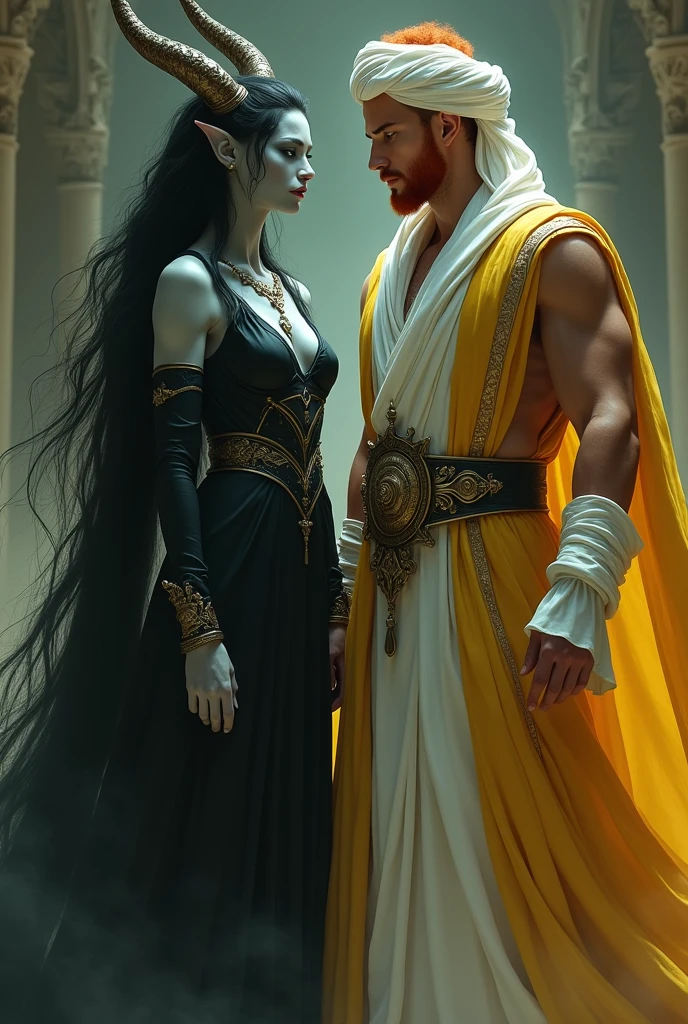 a black long-haired,gray-skinned,green-eyed,black drees Jinn woman.He is a muscular man with orange hair,white skin,green eyes,white turban and yellow robe.