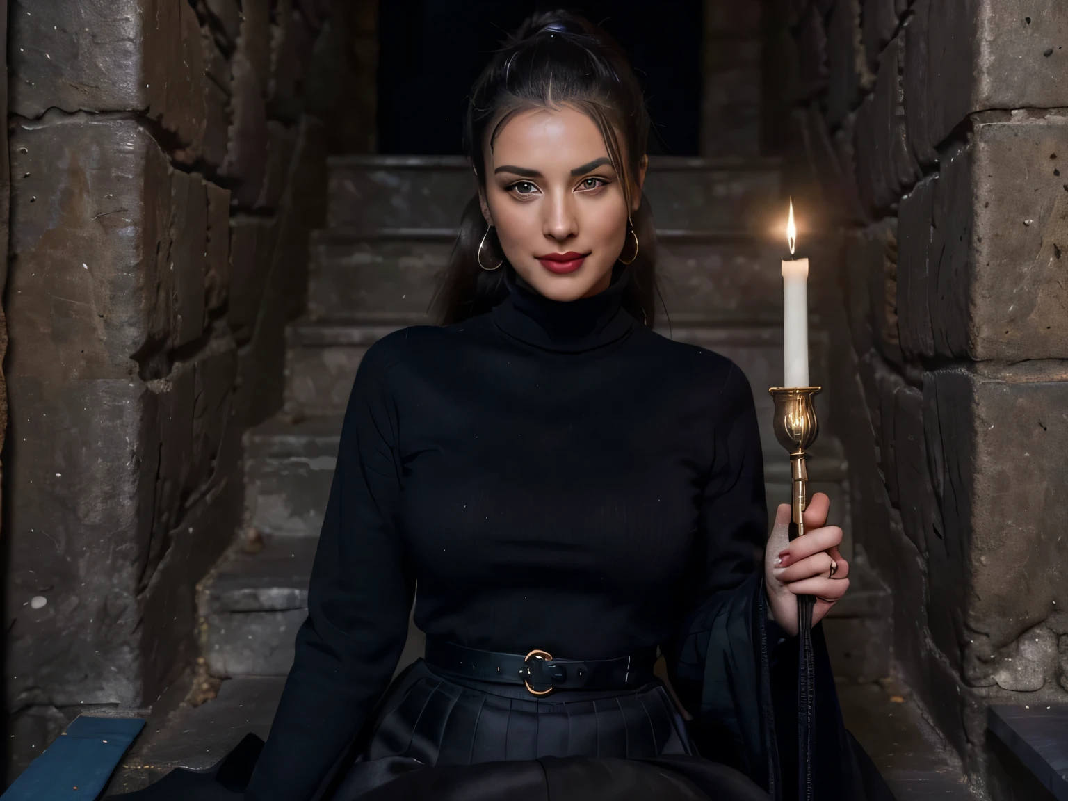 photo of a completly clothed prime minister of parliament woman with a smile ( no nudity) ,waitin for the man she had to kill , monica bellucci at 32 , ((incredibly clear clear blue eyes )) (( flirting with the camera)) (( smart smiling lookin at the camera)) (( red lipstick)) (( Monica is dressed with a very long near feet black cloack over a blue tellier jacket blue turtleneck sweater , gold chain, and and a black long maxi-skirt (black long maxi-skirt:1.2 )) (( black soft stiletto high knee boots )) (( black ponytail hair)) , she wear her black soft gloves , (( going down a narrow spiral staircase in an ancient tower of a medieval castle holdin a candle )) (( the photo is from worms eyes view )) 4k 8k ultradetailed, kodak print, detailed realistic face, 4k 8k ultradetailed, smooth images, realistic woman, detailed eyes, detailed face, detailed lips