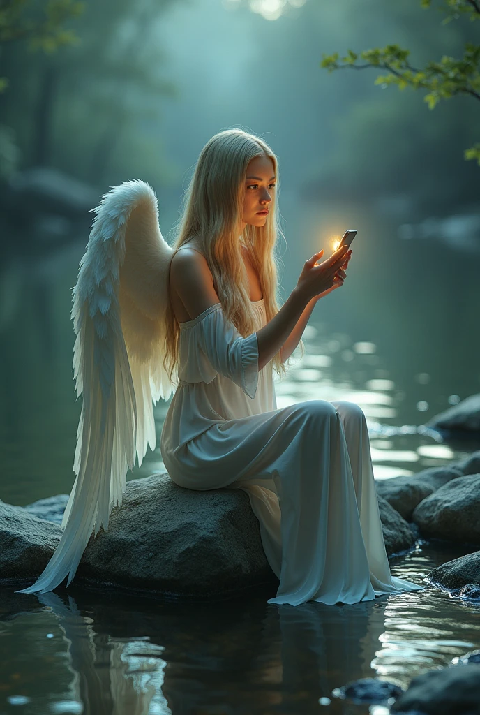 A serene gothic atmosphere surrounds a beautiful angel with very long and straight blonde hair falling in a cascade on his back. His extraordinarily clear eyes and beautiful lips are illuminated by the soft glow of an iPhone he holds in his hand, while he sits gracefully on a rock by the river, the long veils of his dress falling from his legs until he dives into the water. The whole scene is immersed in the ethereal light emitted by the mobile phone, which casts delicate reflections on the surface of the water and enhances the mystical atmosphere of the surroundings