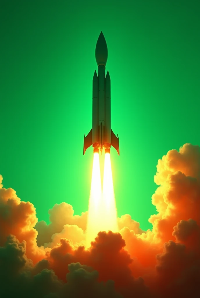 Create a neon green image containing orange and a large rising rocket