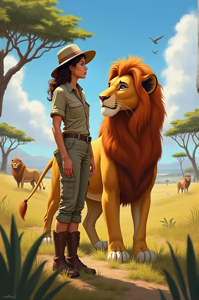 A woman in safari clothing standing next to Simba the lion from "Lion King" is standing.