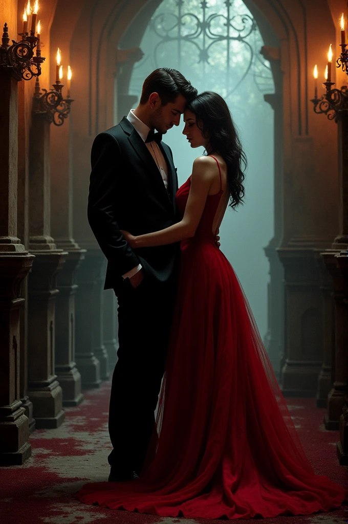 The name of my channeĺ is dark desire creste an image of a couple man black suit, woman bloody red dress in a romantic horror setting  with action