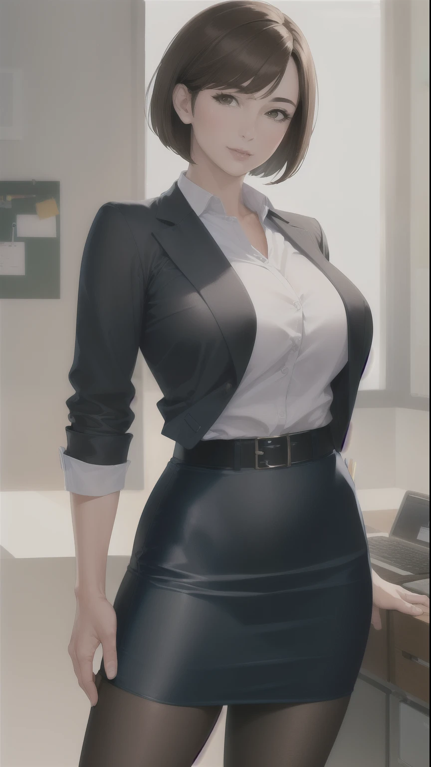 (Masterpiece, best quality, High quality, realistic:1.3), (bright colors, bright colors, Diffused light:1.1), Itsukishima, mature woman, (cowboy shoot:1.2), black stockings, pencil skirt, short hair, brown hair, bob cut, brown eyes, big breasts, rift, look at viewer, Office lady, It's official., suit, skirt suit, jacket, collar shirt, perfect body, perfect eyes, anime eyes, eyelid, perfect face, (Horny, Blush, Beaming:1.1), Evening Garden, sunset, Bright backgrounds, grass, Japanese garden background, Garden lamp, complex background, Sharp focus, Professional artwork, complicated details, Digital mixing, Extraordinarily detailed body, Specially detailed hair, Extraordinarily detailed face, Trending on pixiv,