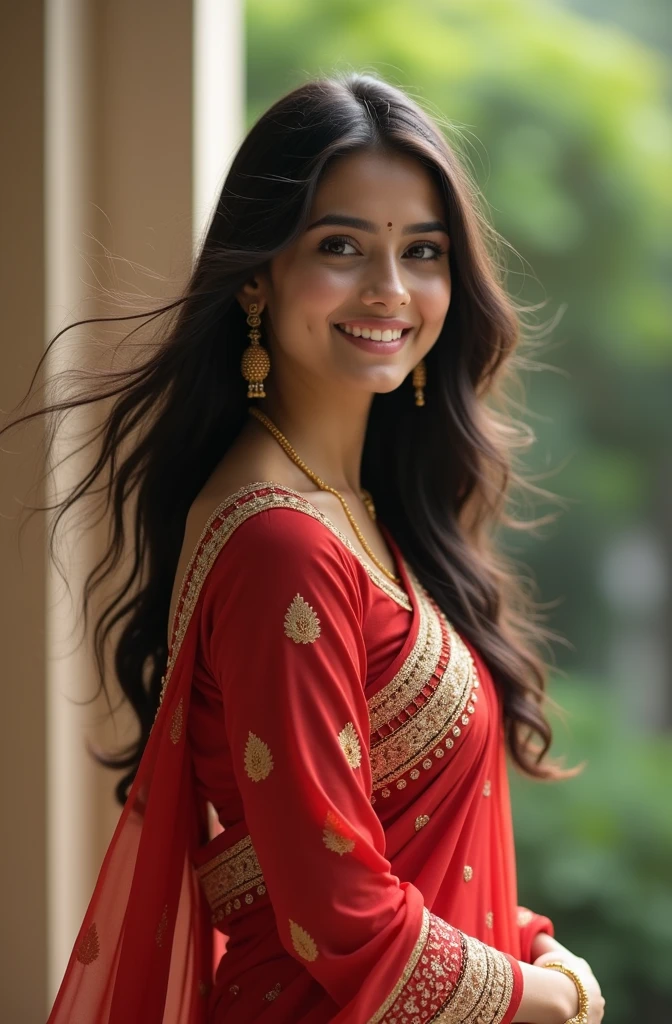 Certainly! Here’s a prompt you can use to generate a photo:

"Create an image of a beautiful Indian girl with a warm and radiant smile. She should have long, flowing dark hair and be dressed in a traditional, elegant outfit such as a saree or lehenga with intricate embroidery. The background can be a serene, picturesque setting, such as a lush garden or a classic Indian architectural backdrop."